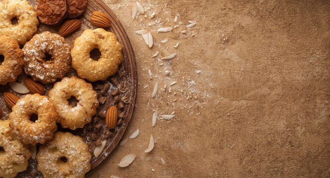 Italian donut style cookies assortment featuring amaretti and cuneo presented on textured wooden board