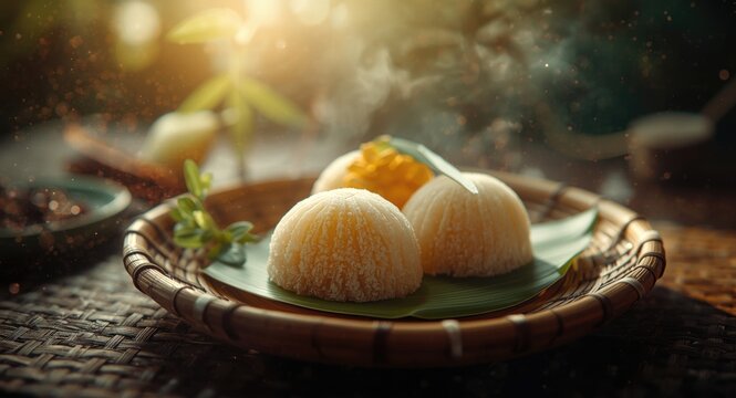 Sweet Indonesian Dodol made from sticky rice on bamboo plate with leaf garnish