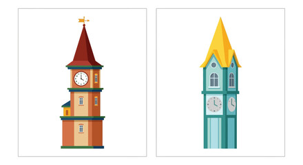 Two colorful illustrated clock towers with unique architectural styles © MITHUN