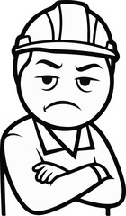 Obraz premium Cartoon figure wearing a hard hat with arms crossed, looking unhappy