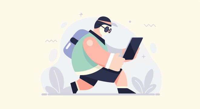 Cartoon figure wearing glasses and carrying a backpack looks at a tablet