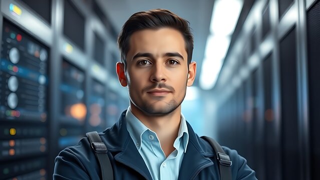An IT technician in a data center, working among server racks.
