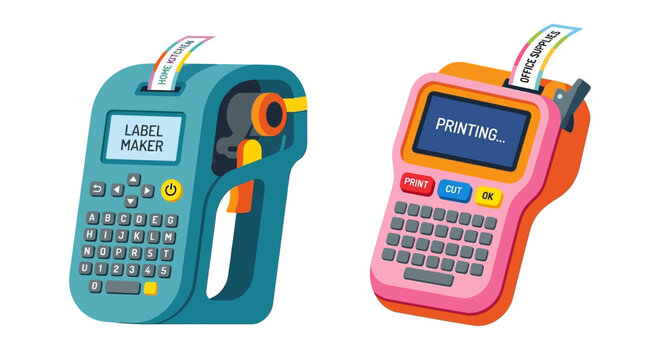 Two colorful handheld label makers displaying home antenna and printing