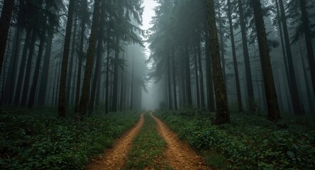 Fototapeta premium Natural forest trail with heavy mist and tall green trees