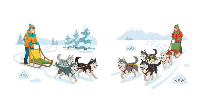 Dog sledding illustration depicts winter activity with people and huskies