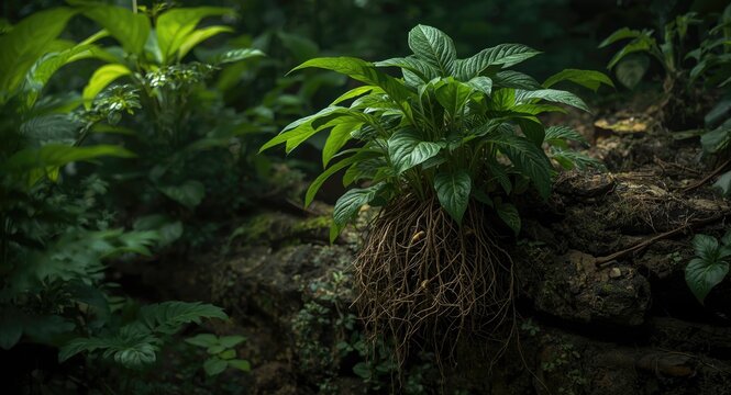 Mandragora officinarum in its natural habitat showing lush foliage and complex root growth