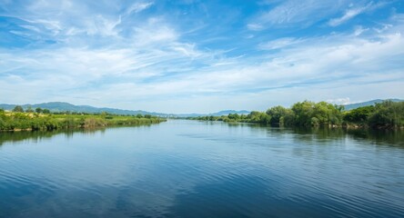 Fototapeta premium Peaceful nature landscape with reflective river and open sky