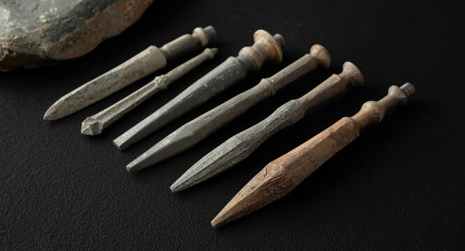 Set of finely crafted Acheulean flint hand tools with burin points on black