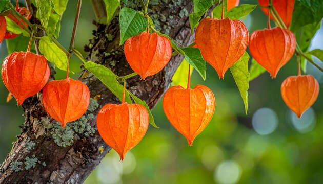 Heart-shaped orange lantern flowers hanging from a tree branch