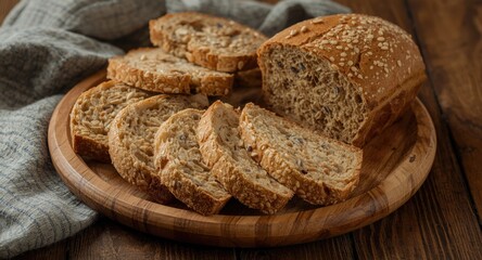 Naklejka premium Homemade sliced whole grain bread and round loaf pieces displayed on natural wooden plate