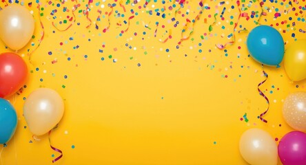 Obraz premium Playful balloons and confetti embellishing a vivid yellow backdrop perfect for birthday parties