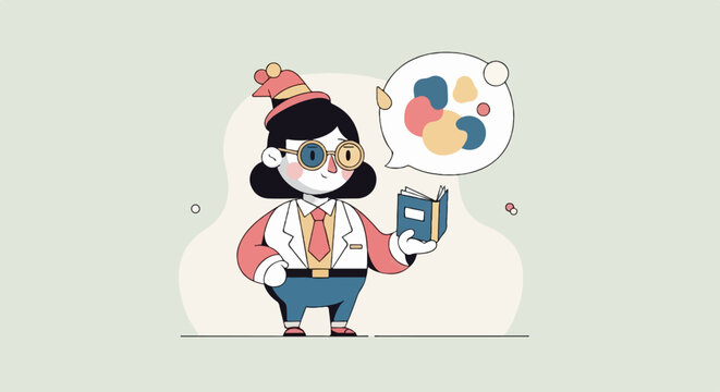 Cartoon character in lab coat with book and thought bubble