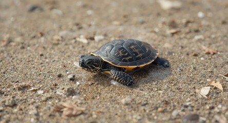 Obraz premium Small turtle hatchling moving eagerly across warm shore to water