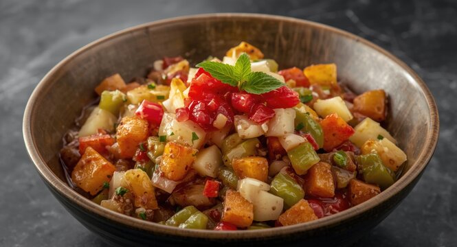 Exotic Malaysian rojak with fresh fruit chunks and vegetable slices in a bowl