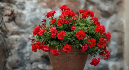 Fototapeta premium Historic flowerpot filled with vibrant red geranium clusters