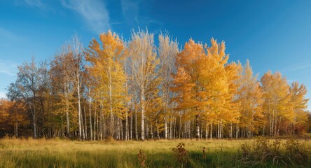 Fototapeta premium Radiant birch trees surrounded by autumn grassland with a crisp blue sky above