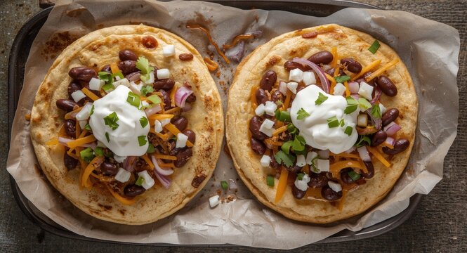 Corn dough sopes loaded with refried beans cheese onions and creamy sour cream