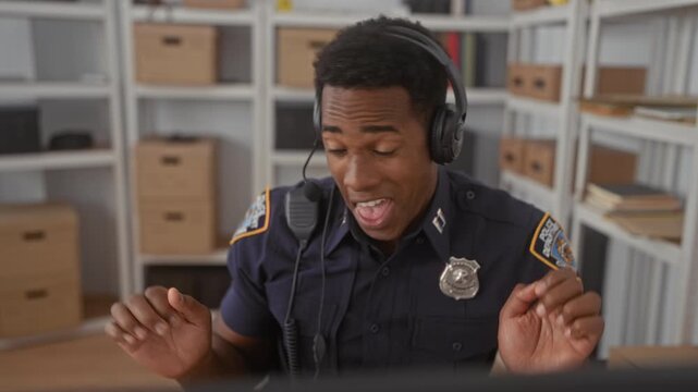 Man in police uniform wearing headset gestures with hands and speaks into microphone at computer desk in building; pride duty.