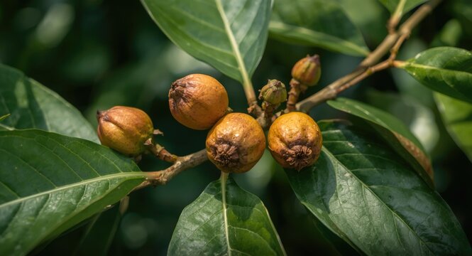 Close up of copaiba branch with lush green leaves and ripe fruits for herbal medicine