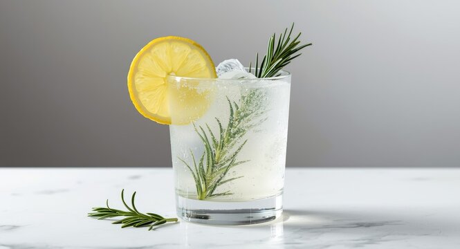 Refreshing gin and tonic cocktail with lemon wedge and rosemary splash on white surface
