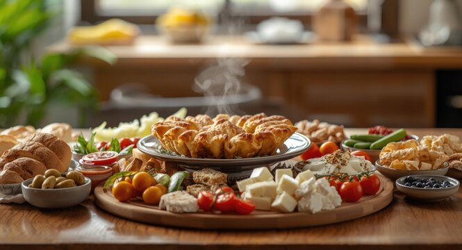 Rich Turkish breakfast array including boyoz and multiple classic local foods