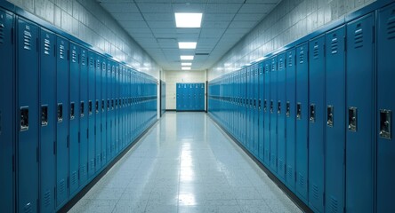 Fototapeta premium Brightly lit hallway showcasing rows of blue lockers along the walls
