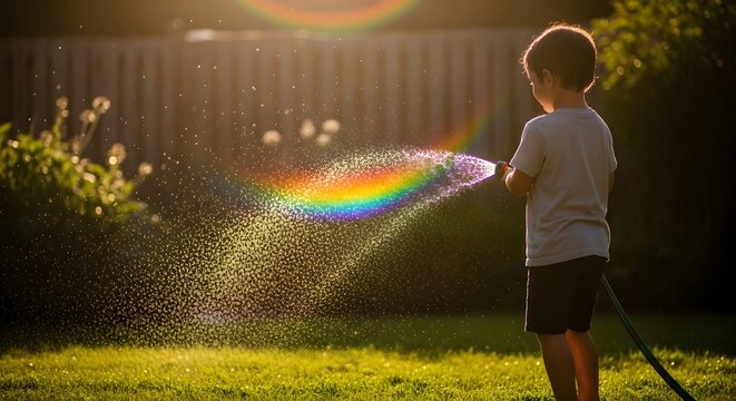 Child spraying water creates rainbow in backyard garden on sunny day with hose and lawn