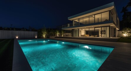 Fototapeta premium Modern architecture house highlighted by swimming pool and night lights