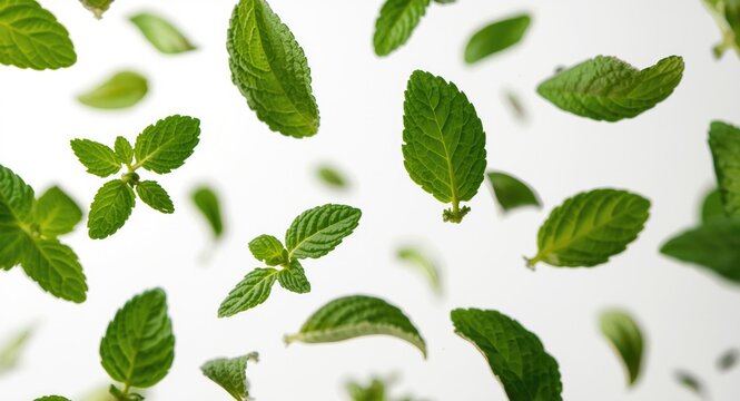 Fresh summer mint leaves levitating on white background with adequate copy space