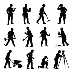 Fototapeta premium Silhouettes of construction workers performing various jobs and tasks