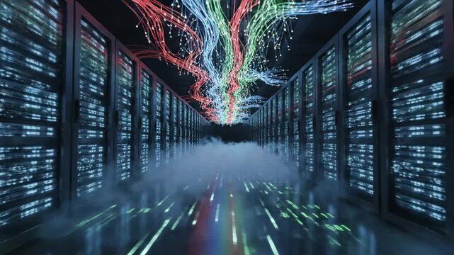 Abstract data center with glowing servers and fiber optic cables