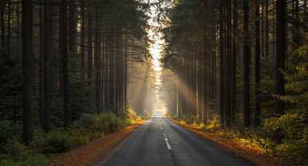 Fototapeta premium peaceful forest route bathed in gentle sunlight filtering the tall trees