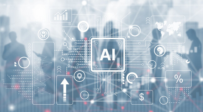 Artificial intelligence, business analytics. AI processor concept overlays corporate team, visualizing data processing, automation, predictive modeling, digital transformation, 