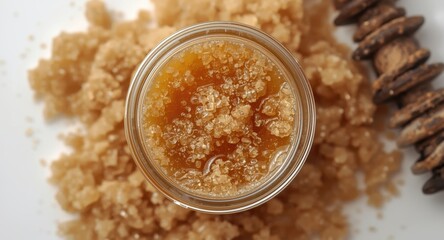 Natural handcrafted lip scrub with olive oil honey and brown sugar in glass container