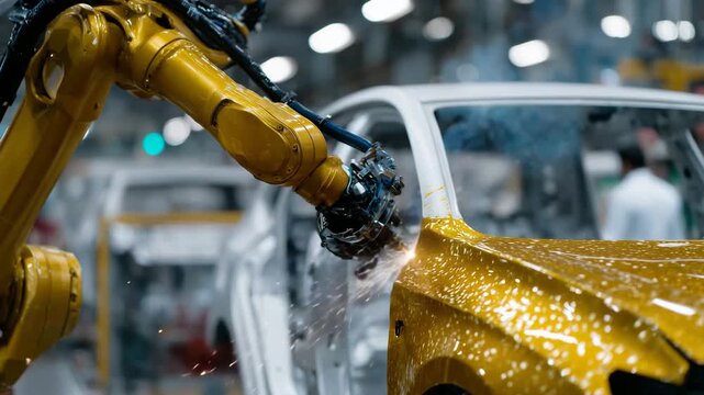 208Close-up of metallic gold paint being applied to a car door by robotic arm, ultra-modern white spray booth background, fine reflective mist on smooth surface, hyper-realistic indus