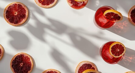 Fototapeta premium Flat lay composition of vibrant Negroni cocktails with blood orange wedges on white backdrop with nuanced shadows and copy space