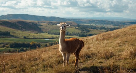 Fototapeta premium Eye-catching colored hills and a happy alpaca standing