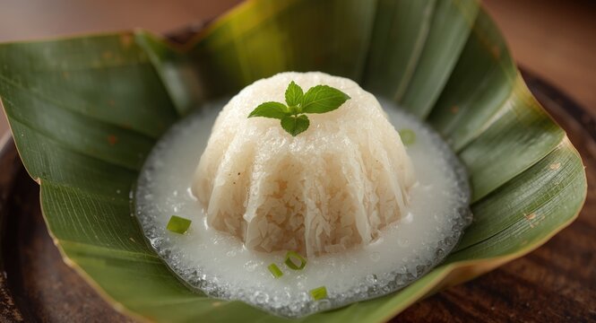 Palm sugar Jenang pudding with coconut milk in traditional banana leaf wrap