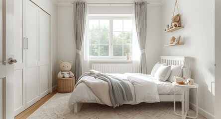 Fototapeta premium Content infant waking up in a bright and airy bedroom with space for childcare text