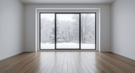 Fototapeta premium Nordic style minimalist interior with hardwood floor and expansive white wall framing snowy outdoors