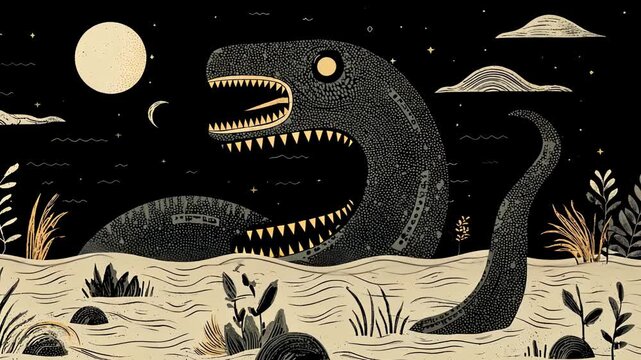 Mythical Serpent Monster in Night Scene: Black and Gold Vector Art with Mystical Landscape