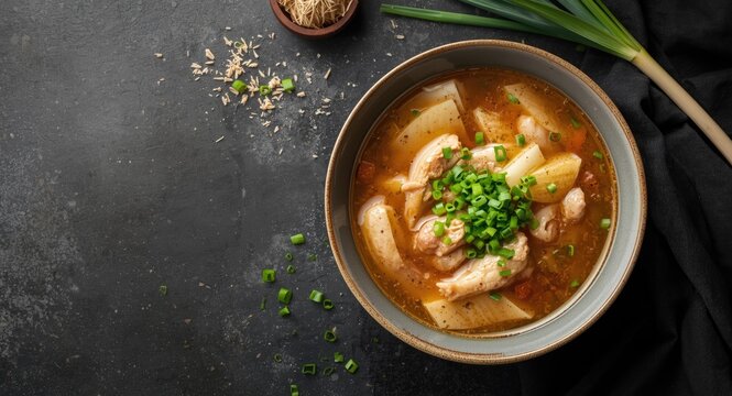Healthy Dak Gomtang Korean chicken soup with green onions