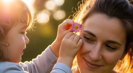 Obraz premium A young girl gently places a flower on her mother's face in a serene outdoor setting.