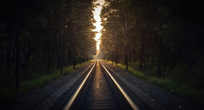 Lonely tramway path glowing softly in the evening