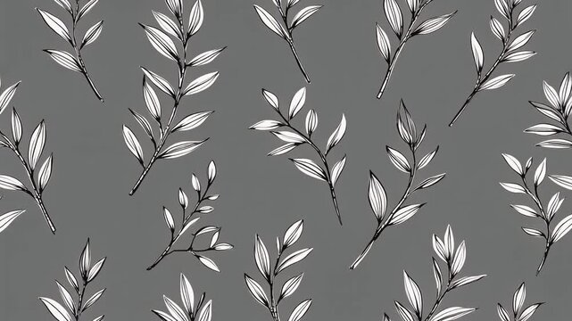 Seamless Botanical Pattern with Hand-Drawn White Leaves and Branches on Gray Background for Textile and Wallpaper Design