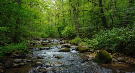 Fototapeta premium full length view of a lively forest featuring a flowing river and green foliage