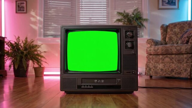 Vintage cathode ray tube TV displaying a vivid green screen for modern content integration, creating a nostalgic digital display concept in a retro-themed living space