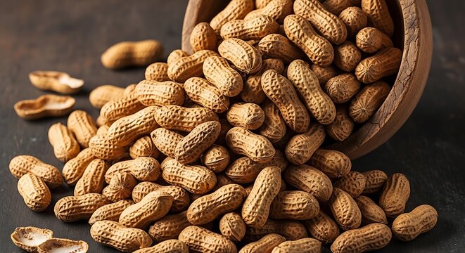 A wooden bowl overflowing with in shell peanuts scattered on a dark slate surface high-quality