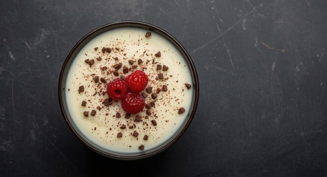 Bowl filled with smooth Ras Malai dessert garnished with chocolate sprinkles and raspberry fruits on a dark textured surface