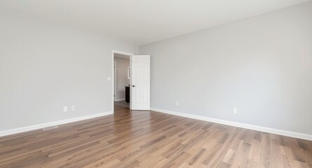 Fototapeta premium Large clean room with wooden floor and direct kitchen access